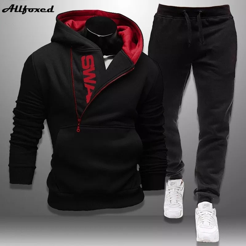 Mens Tracksuits 2 Pieces Set Sweatshirt + Sweatpants Sportswear Zipper Hoodies Casual Male Clothing Large Size Fashion New 2021