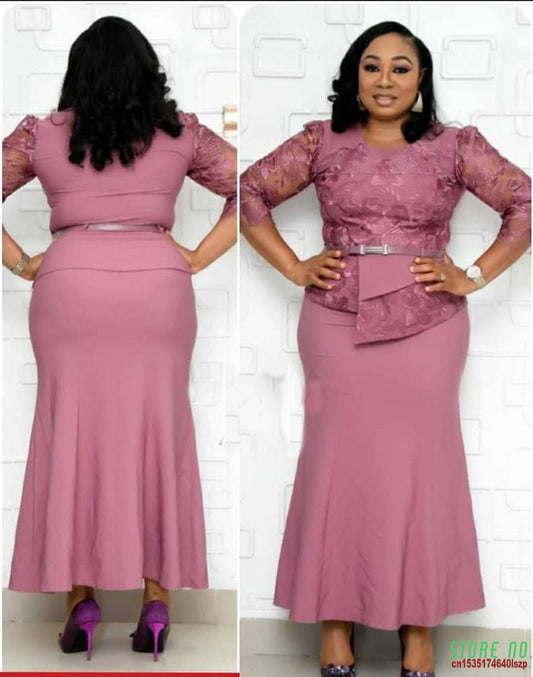 HGTE African Women's  Plus Size Slim Patchwork Lace Dress