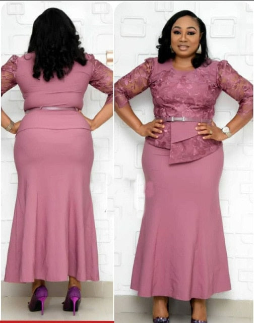 HGTE African Women's  Plus Size Slim Patchwork Lace Dress