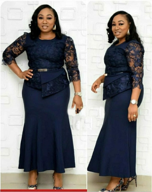 HGTE African Women's  Plus Size Slim Patchwork Lace Dress