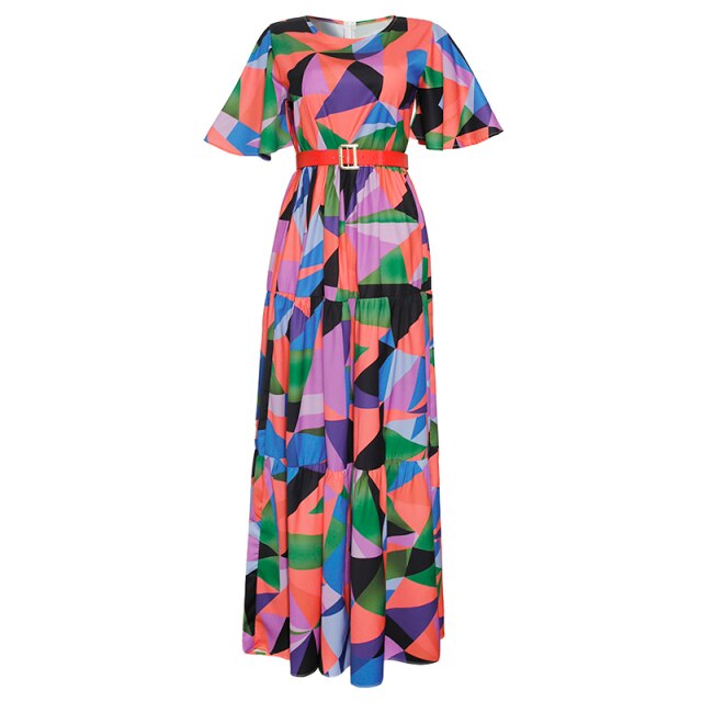 Elegant African Print Boho Long Dresses and Short Sleeve Chiffon Robe Party Gowns Lady Outfits