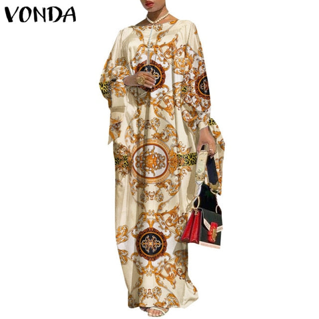 VONDA Vintage Maxi Robe Printed Long Party Dress for Women