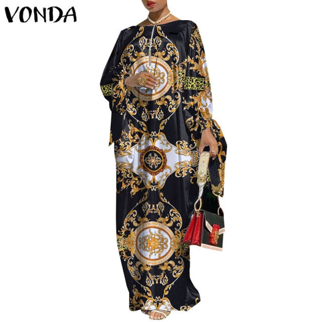 VONDA Vintage Maxi Robe Printed Long Party Dress for Women