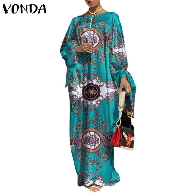 VONDA Vintage Maxi Robe Printed Long Party Dress for Women