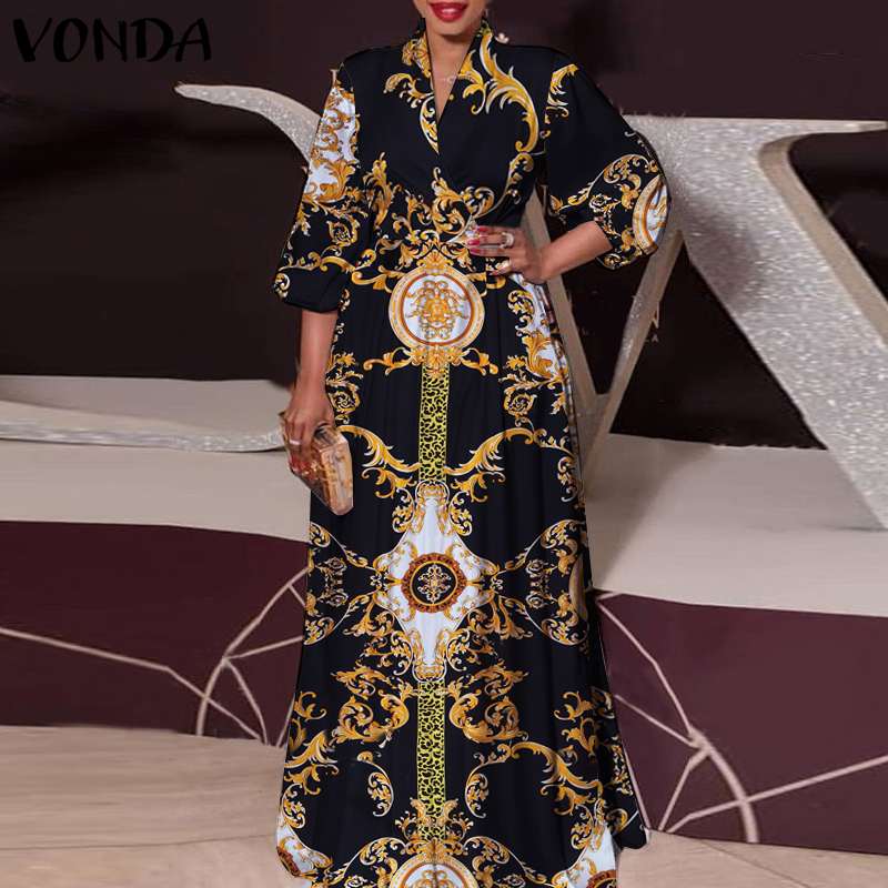 VONDA 2021 Women Long Dress, 3/4 Sleeve Vintage Printed Pleated Dress Bohemian Vestidos Casual Party Robe Beach Sundress