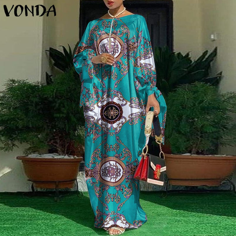 VONDA Vintage Maxi Robe Printed Long Party Dress for Women