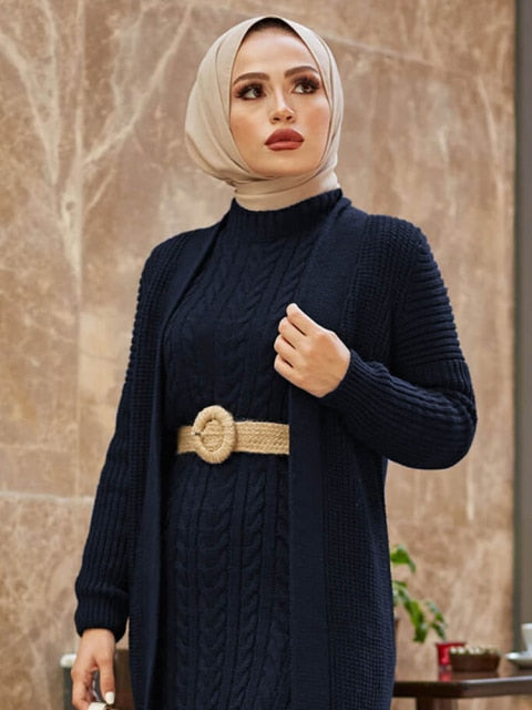 Women Dress New Season Autumn Winter 2 Piece Hijab Knitwear Suit Islamic Muslim Clothing Long Cardigan Model Made in Turkey