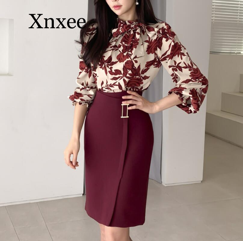 elegant Spring Women Suits Long Lantern Sleeve Shirt Slim Fit Hip Mini Skirt Two Piece Set Print Floral Print Office Burgundy