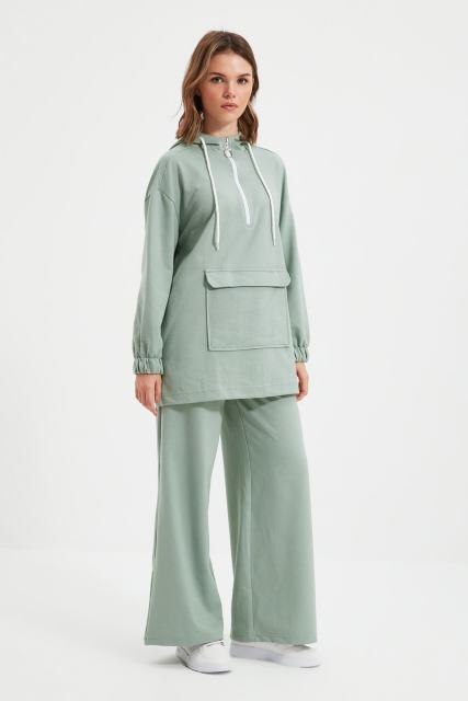 Mint Hooded Zipper Pockets Wide Leg Tracksuit Suit Women Muslim Set 2022 fashion