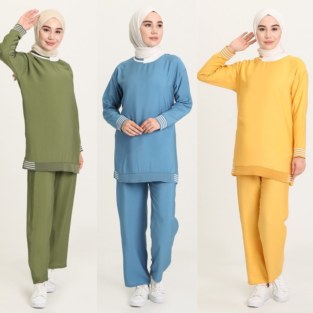 Pleated Waist Tracksuit Suit Plain Long Sleeve Elastic Sleeve Zero Collar Seasonal Two Color Women Muslim Fashion Hijab Clothing