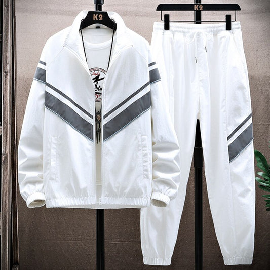 High Street Reflective Tracksuit Men 2021 Brand New Black White Patchwork Zipper Jacket+Pants 2 Piece Set Men Casual Sweat Suits