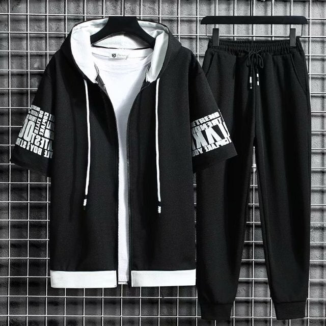 Men's Sets Hooded Zipper Short Sleeve Tops+ Elastic Waist Trousers Men Clothing Two Piece Set Korean Streetwear Tracksuit Men