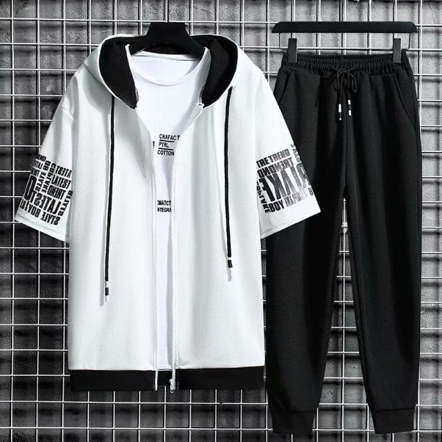 Men's Sets Hooded Zipper Short Sleeve Tops+ Elastic Waist Trousers Men Clothing Two Piece Set Korean Streetwear Tracksuit Men