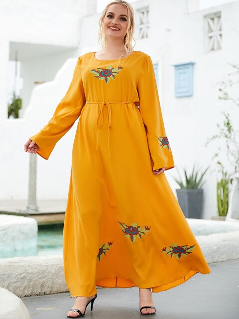 WJXWKL 2021 Spring Elegant and Comfortable Women's Clothing Fashionable Plant Embroidered Belt Solid Color Wide Hem Long Dress