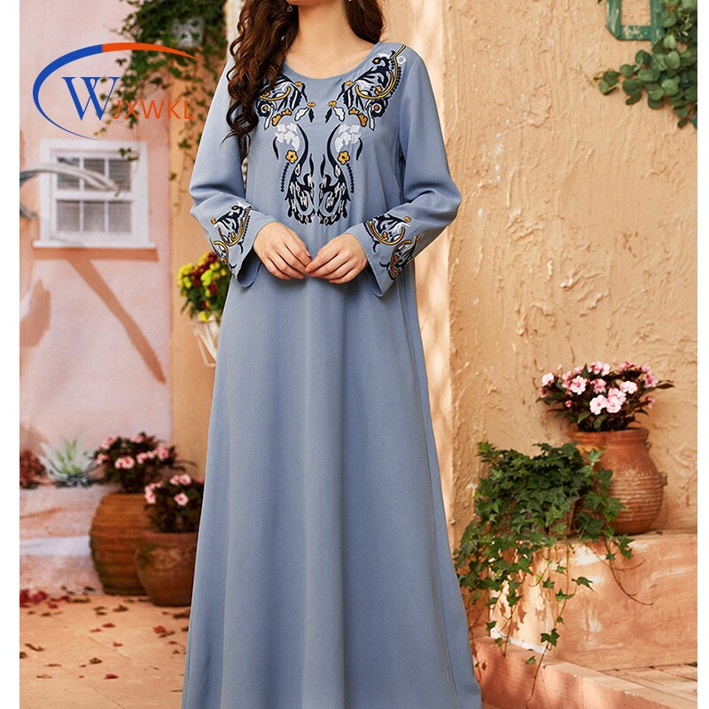 WJXWKL 2021 Spring Summer Plus Size Women's Clothing Fashion Islamic Kaftan Nation Embroidered Wide Hem Muslim Long Dress