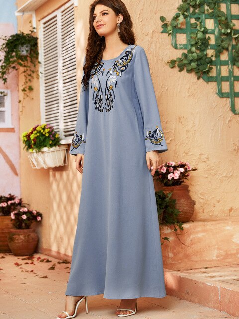 WJXWKL 2021 Spring Summer Plus Size Women's Clothing Fashion Islamic Kaftan Nation Embroidered Wide Hem Muslim Long Dress