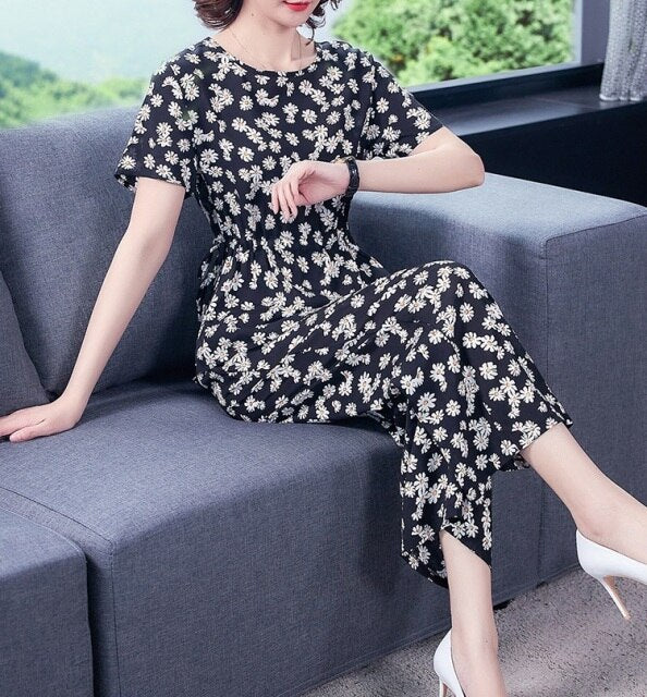 Fashion Women's Suits Summer Clothing Striped Print Cotton T-shirt Tops & Wide Leg Pants Trousers 2 Pcs Sets Feminina 4XL K267