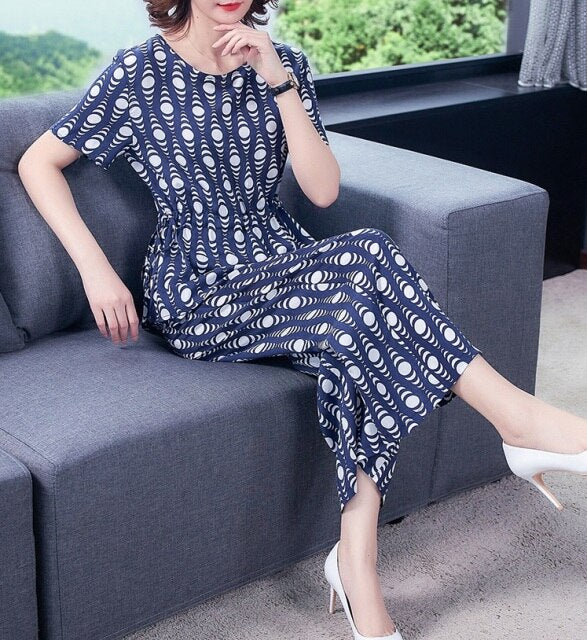 Fashion Women's Suits Summer Clothing Striped Print Cotton T-shirt Tops & Wide Leg Pants Trousers 2 Pcs Sets Feminina 4XL K267