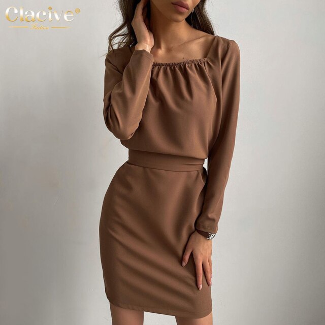 Clacive Brown Square Collar Casual Women'S Dress 2021 Fashion Slim Long Sleeve Traf Mini Dress Elegant Office Ladies Dresses