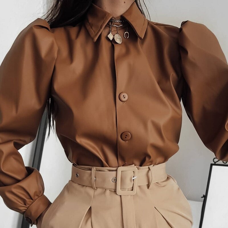 Winter Women Chiffon Blouse Shirt Autumn Long Sleeve Solid  Ladies Leather wear