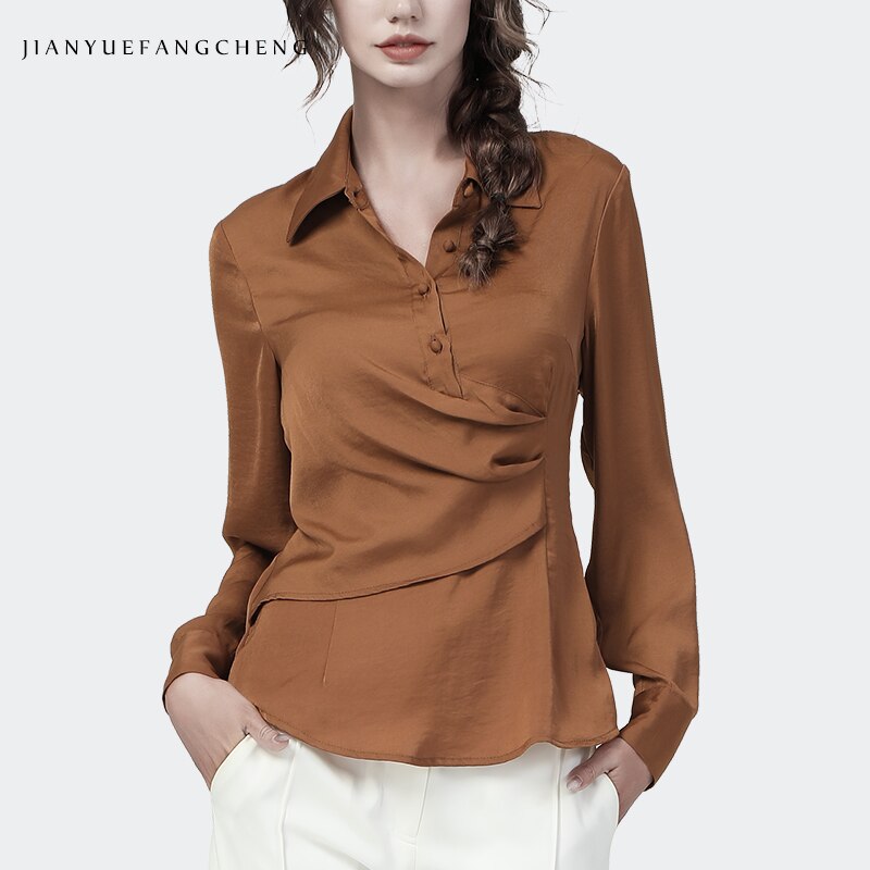 Stylish Womens Long Sleeve Irregular Placket Blouse Brown Turn-Down Collar POLO Shirt 2021 Autumn New Elegant Slim Female Tops