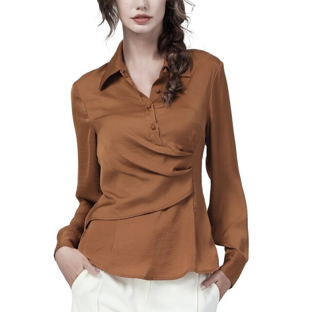 Stylish Womens Long Sleeve Irregular Placket Blouse Brown Turn-Down Collar POLO Shirt 2021 Autumn New Elegant Slim Female Tops