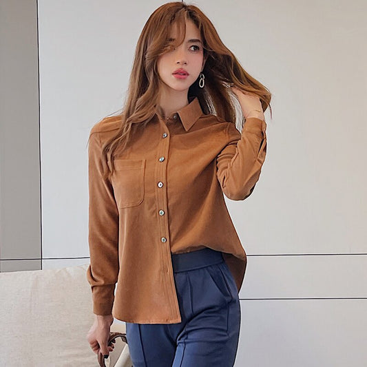 Shirt Womens Tops Autumn 2021 New Office Lady Vintage Long Sleeve Solid Single Breasted Keep Warm Straight Brown Women Shirts