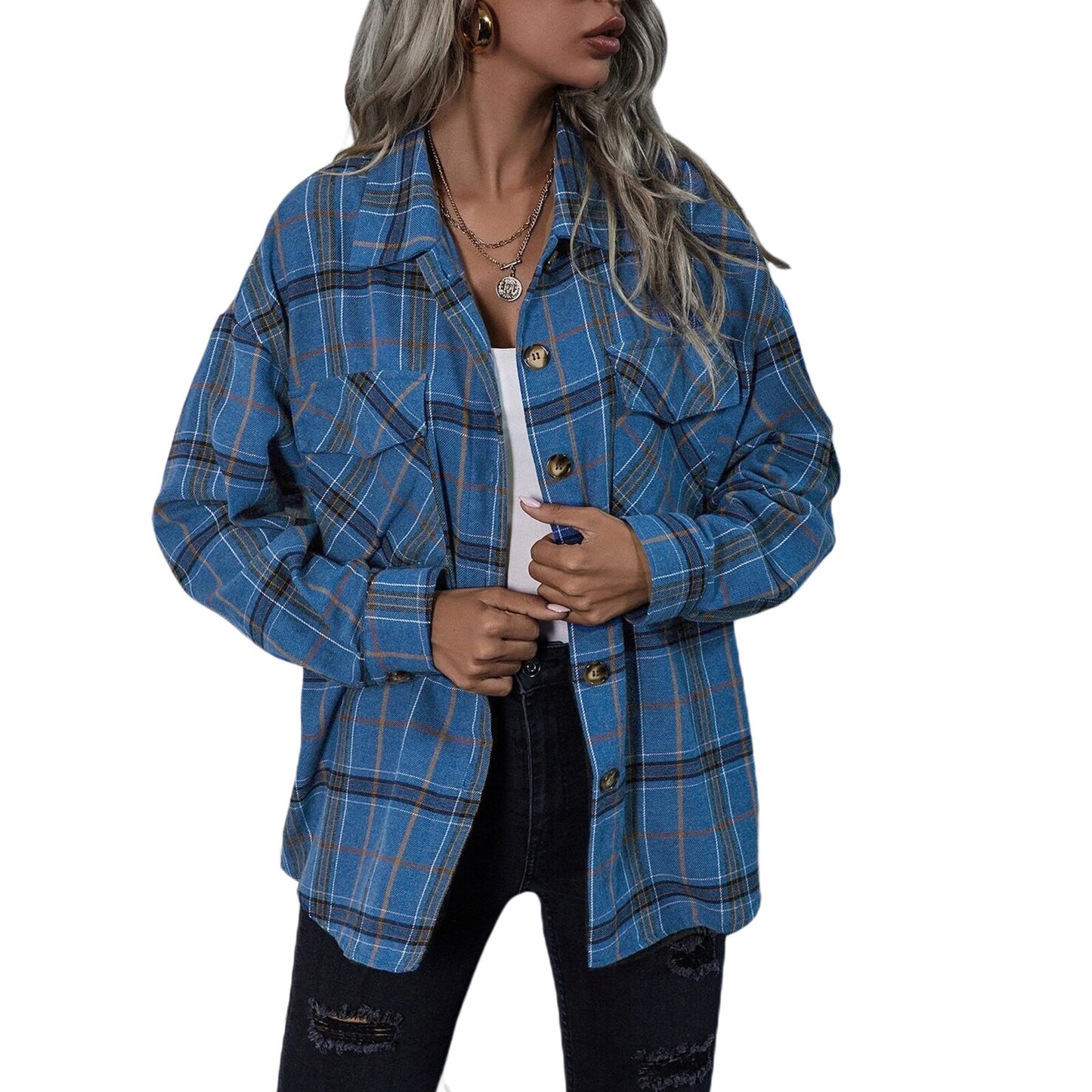 Women Shirt Ladies Spring Fall  Long Sleeve Blouse Tops Plaid There Are Pockets Black Green White Brown Apricot Stripes