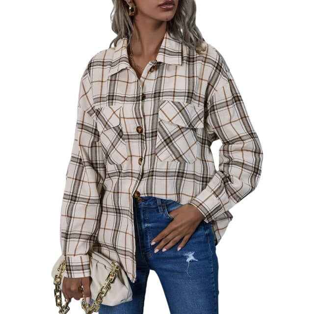 Women Shirt Ladies Spring Fall  Long Sleeve Blouse Tops Plaid There Are Pockets Black Green White Brown Apricot Stripes