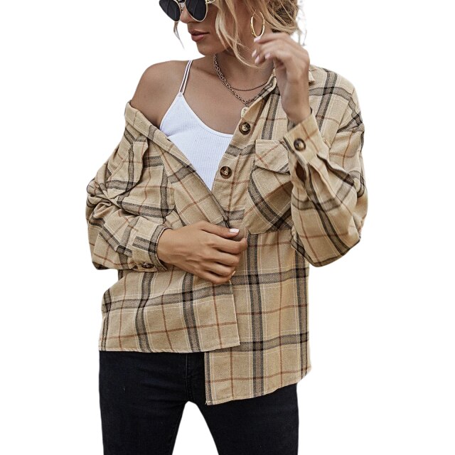 Women Shirt Ladies Spring Fall  Long Sleeve Blouse Tops Plaid There Are Pockets Black Green White Brown Apricot Stripes