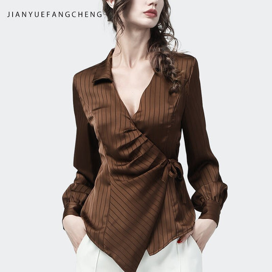 Fashion Women&#39; Brown Striped Satin Blouse Long Sleeve V-Neck Lacing Shirt 2021 Autumn New Elegant Slim Irregular Tunic Tops