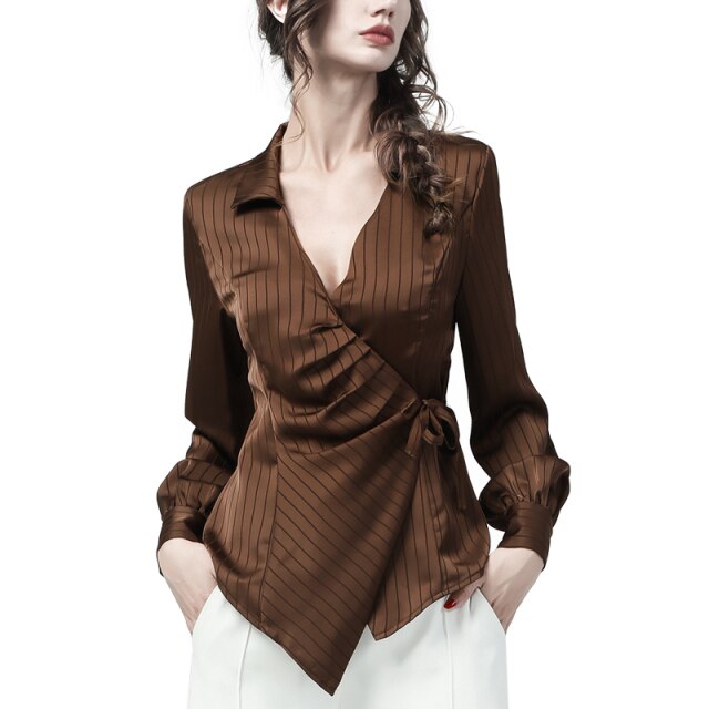 Fashion Women&#39; Brown Striped Satin Blouse Long Sleeve V-Neck Lacing Shirt 2021 Autumn New Elegant Slim Irregular Tunic Tops