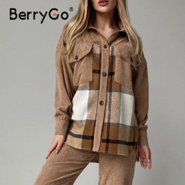 BerryGo Causal za plaid long sleeve women blouse autumn Office pocket female vintage blouse brown  Causal shirt collar top coats