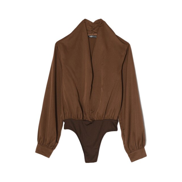 Autumn Women Sexy Elegant Bodysuits Female Ladies Solid Color V-Neck Long Sleeves Casual Drape Shirt Playsuits Brown Rompers