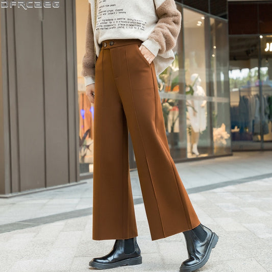 Loose Straight Woman Pants 2021 Korean Style Winter Woolen Ladies Trousers High Waist Wide Leg Pants Women Brown Or Black Beige