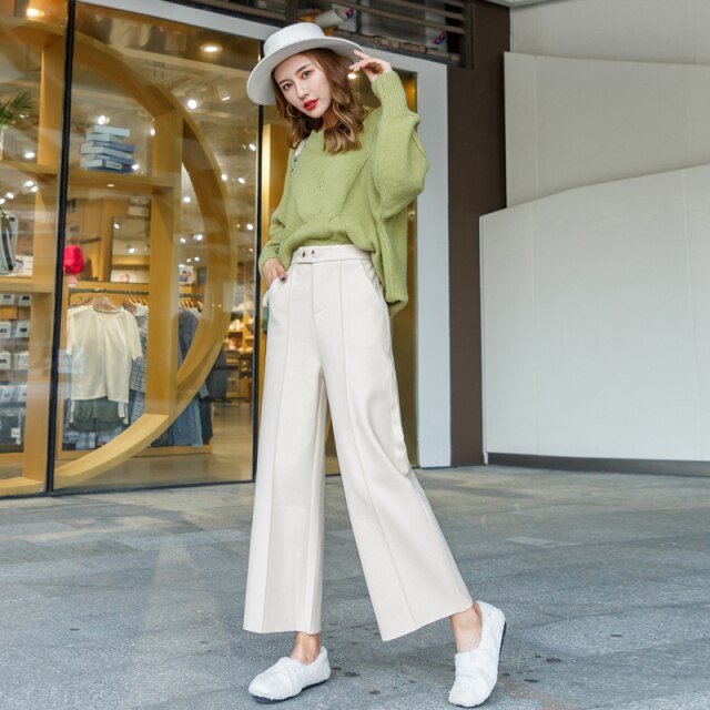 Loose Straight Woman Pants 2021 Korean Style Winter Woolen Ladies Trousers High Waist Wide Leg Pants Women Brown Or Black Beige