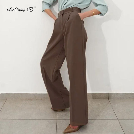 Mnealways18 Vintage High Waist Women Trousers Brown Straight Palazzo Pants Office Ladies Pleated Zipper Button Spring Trousers