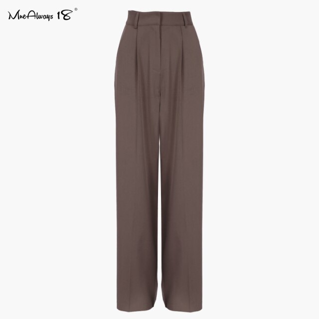 Mnealways18 Vintage High Waist Women Trousers Brown Straight Palazzo Pants Office Ladies Pleated Zipper Button Spring Trousers