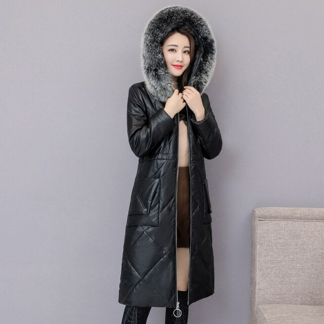 New 2021 Winter Slim Women Hooded Leather Down Jacket Sheepskin Coat Female Fashion Fox Fur Collar Thick Parkas Long Overcoat