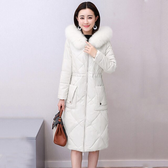 New 2021 Winter Slim Women Hooded Leather Down Jacket Sheepskin Coat Female Fashion Fox Fur Collar Thick Parkas Long Overcoat