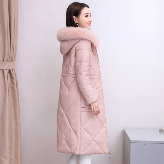 New 2021 Winter Slim Women Hooded Leather Down Jacket Sheepskin Coat Female Fashion Fox Fur Collar Thick Parkas Long Overcoat