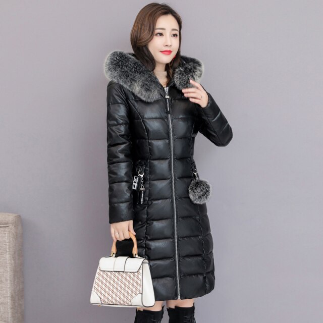 New 2021 Winter Slim Women Hooded Leather Down Jacket Sheepskin Coat Female Fashion Fox Fur Collar Thick Parkas Long Overcoat