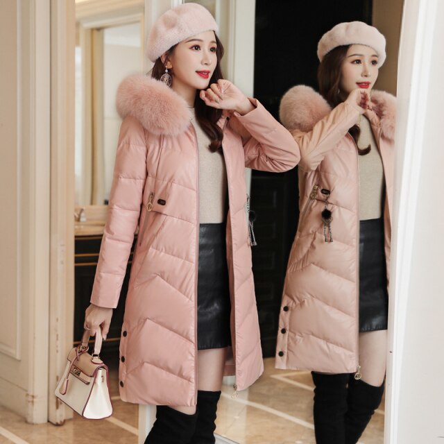 New 2021 Winter Slim Women Hooded Leather Down Jacket Sheepskin Coat Female Fashion Fox Fur Collar Thick Parkas Long Overcoat