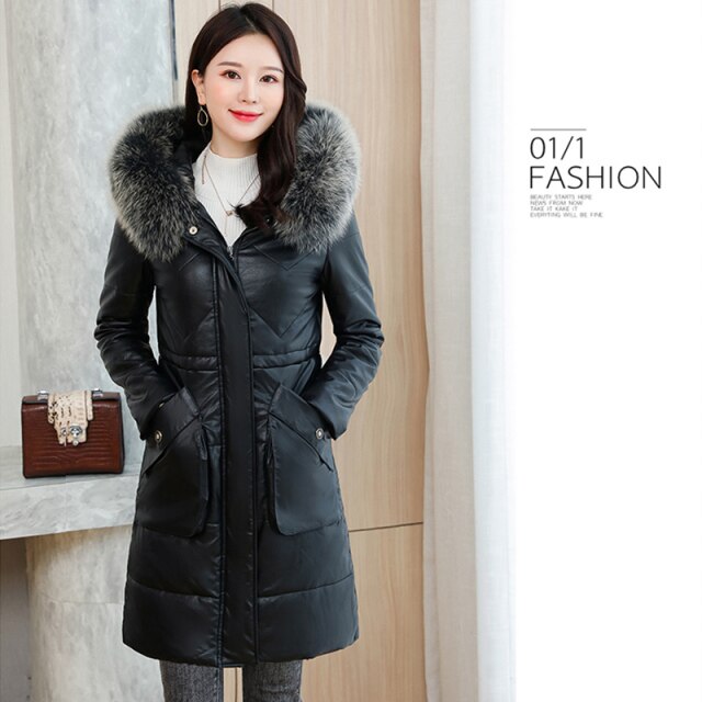 New 2021 Winter Slim Women Hooded Leather Down Jacket Sheepskin Coat Female Fashion Fox Fur Collar Thick Parkas Long Overcoat