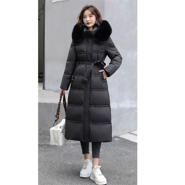 Winter Coat Women 2021 New Down Cotton Jacket Faux Fox Fur Hooded Parkas Korean Fashion Slim White Black Thick Warmth Outwear N6