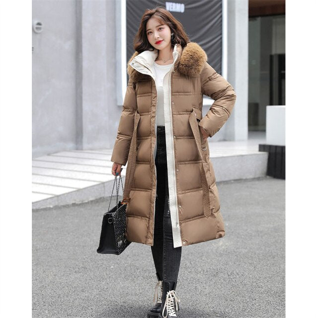 Winter Coat Women 2021 New Down Cotton Jacket Faux Fox Fur Hooded Parkas Korean Fashion Slim White Black Thick Warmth Outwear N6