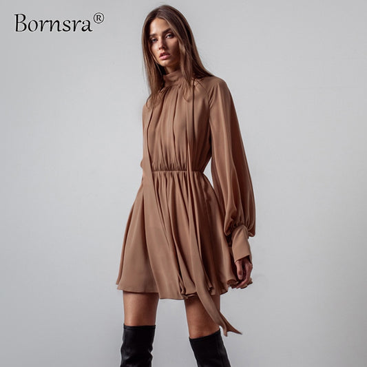 Bornsra 2021 Autumn Bow Knot A Skirt Chiffon British Style High Waist Slim Short Skirt Women A-LINE  Regular  Dresses for Female