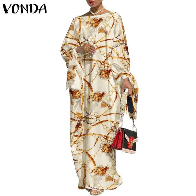 VONDA Vintage Maxi Robe Printed Long Party Dress for Women