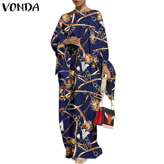 VONDA Vintage Maxi Robe Printed Long Party Dress for Women