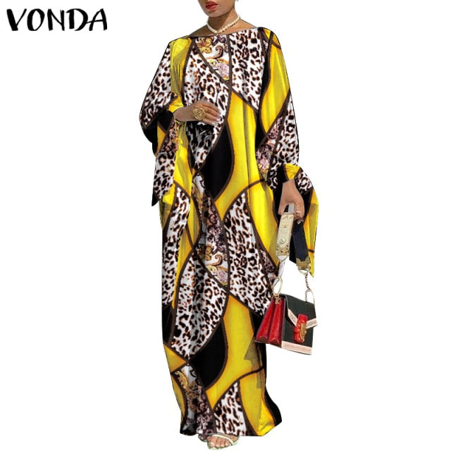 VONDA Vintage Maxi Robe Printed Long Party Dress for Women